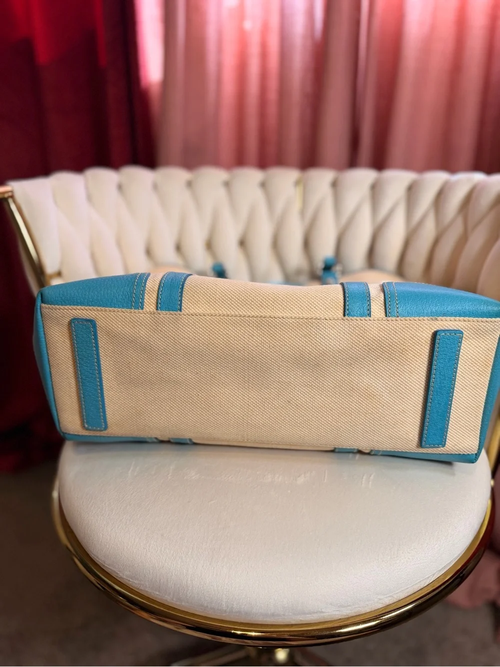 Rare Authentic Prada Canvas Tote Bag in Cream and Turquoise